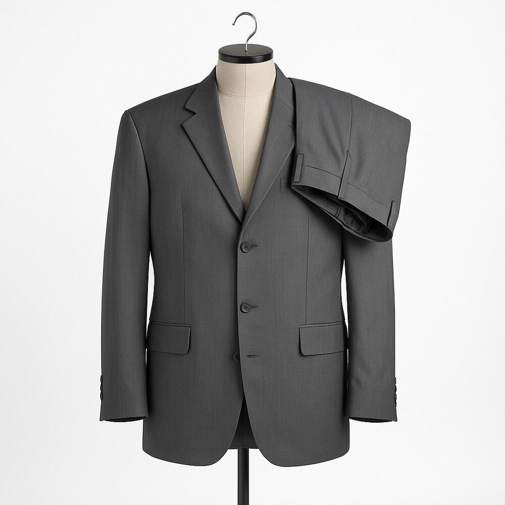 Lineage Men 2 Piece Gray Suit 46R Blazer Jacket Pants 40W Poly Rayon Purple Line